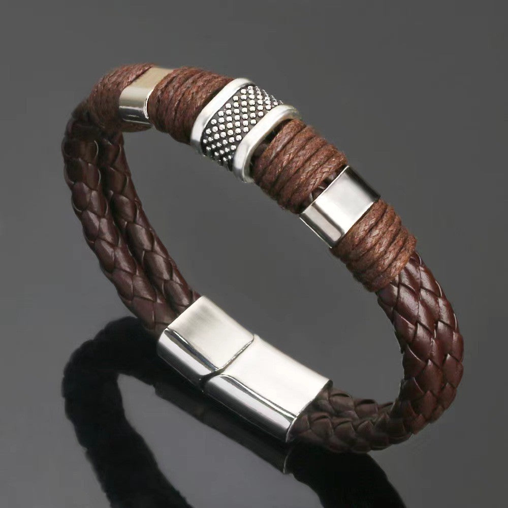 Men's Weaving Leather Stainless Steel Magnetic Buckle Bracelet