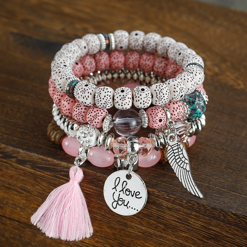 Combination Buddha Beads Simple Disc Heart Wings Tassel Bracelet