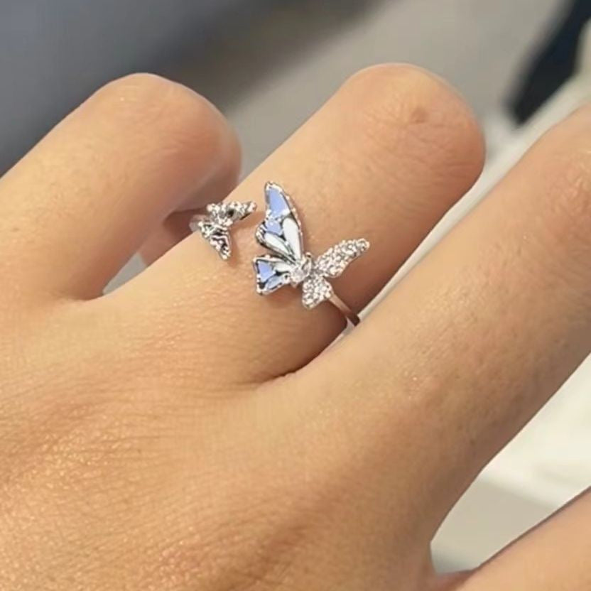 Blue Double Butterfly Open Good-looking Retro Affordable Luxury Exquisite Rings