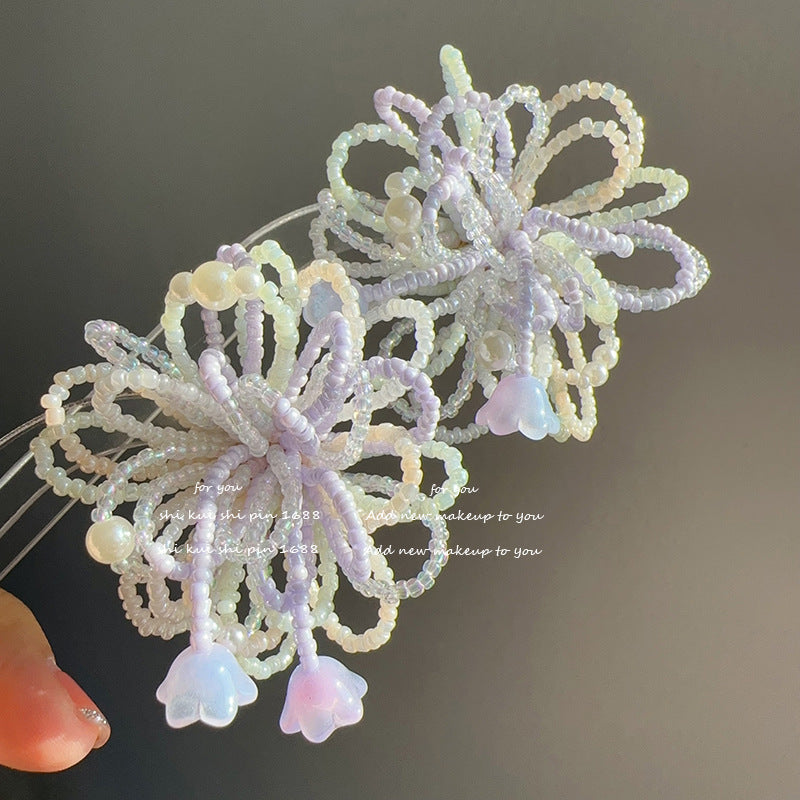 Women's Milk Taro Purple Cream Beaded Flower Exquisite Contrast Color Holiday Rings
