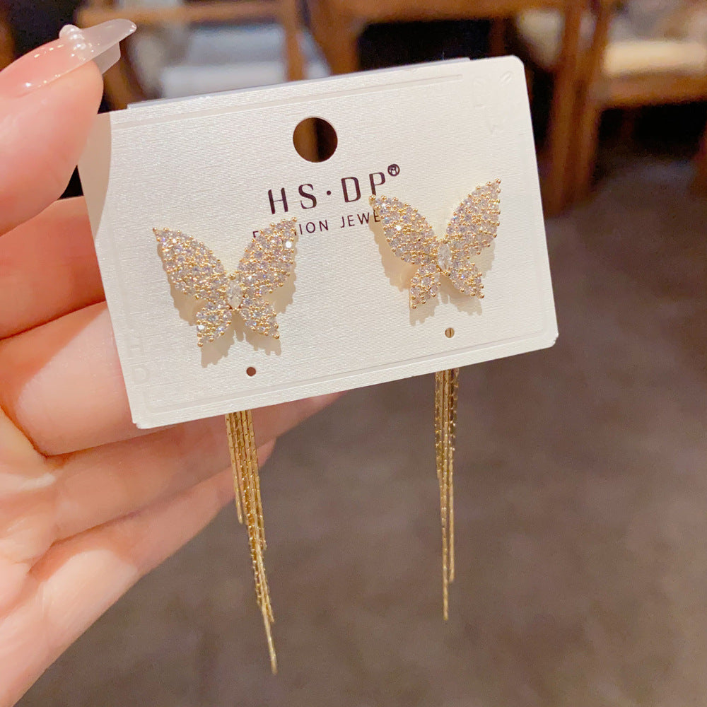 Micro Inlaid Zircon Butterfly Tassel Female Exquisite Versatile Earrings
