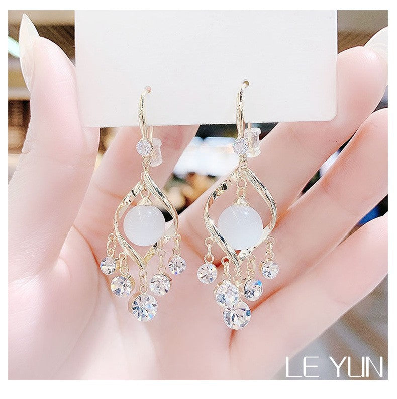 Women's Retro Opal Temperament Spiral Shiny Diamond Tassel Stud Earrings