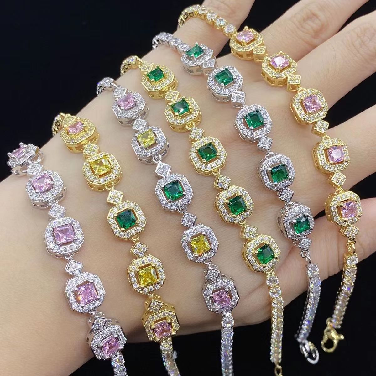 Color Tourmaline Princess Square Full Diamond Female Bracelet