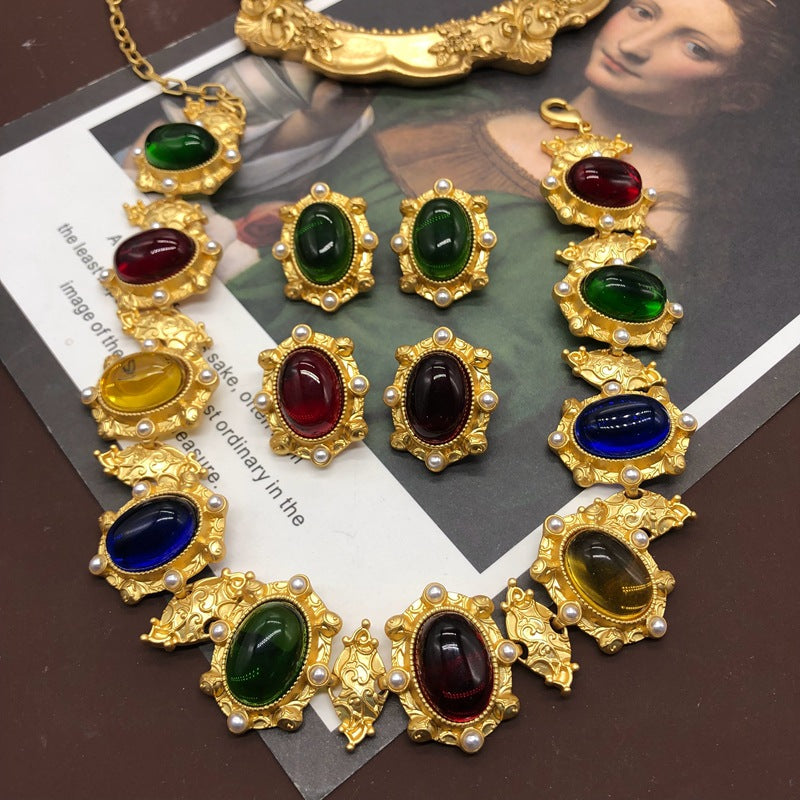 Western Gold-plated Colorful Jelly Glass Pearl Clavicle Chain Matching Rings