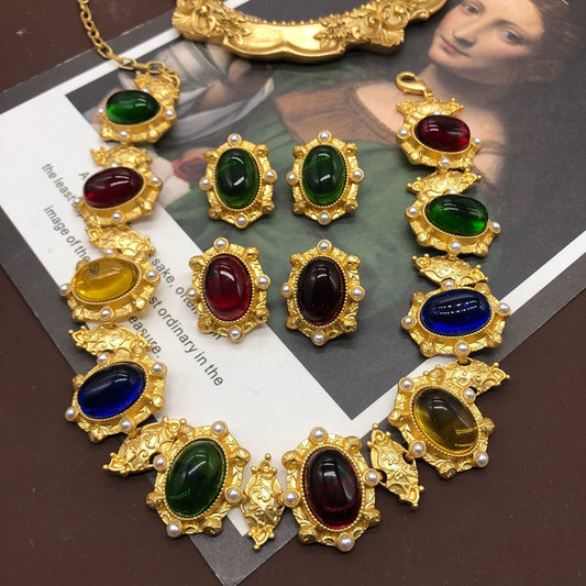 Western Gold-plated Colorful Jelly Glass Pearl Clavicle Chain Matching Rings
