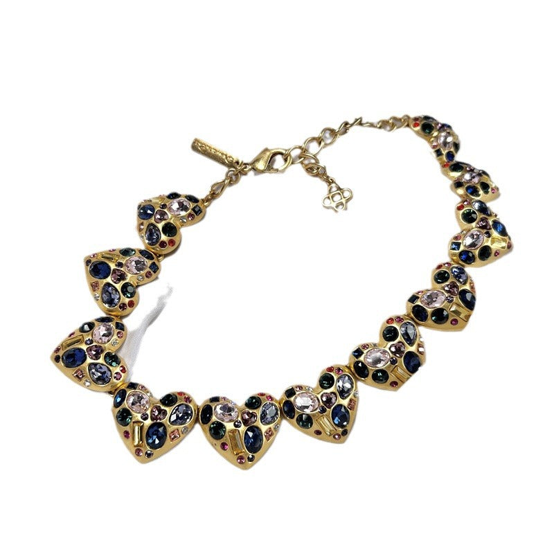 Women's Gold Retro Style Colorful Crystals Heart-shaped Necklace