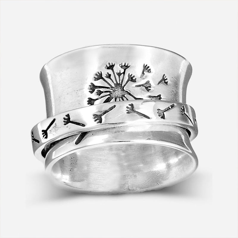 Retro Creative Carved Dandelion Can Be Rotatable Simple Trend Rings