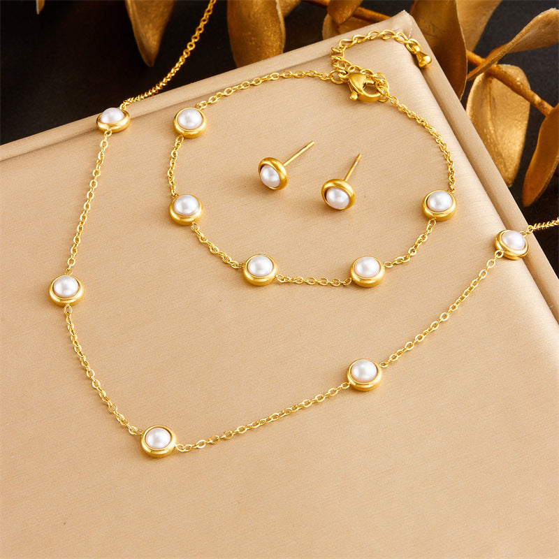 Exquisite Gold-plated Stainless Steel Love Pearl Flower Butterfly Jewelry Set