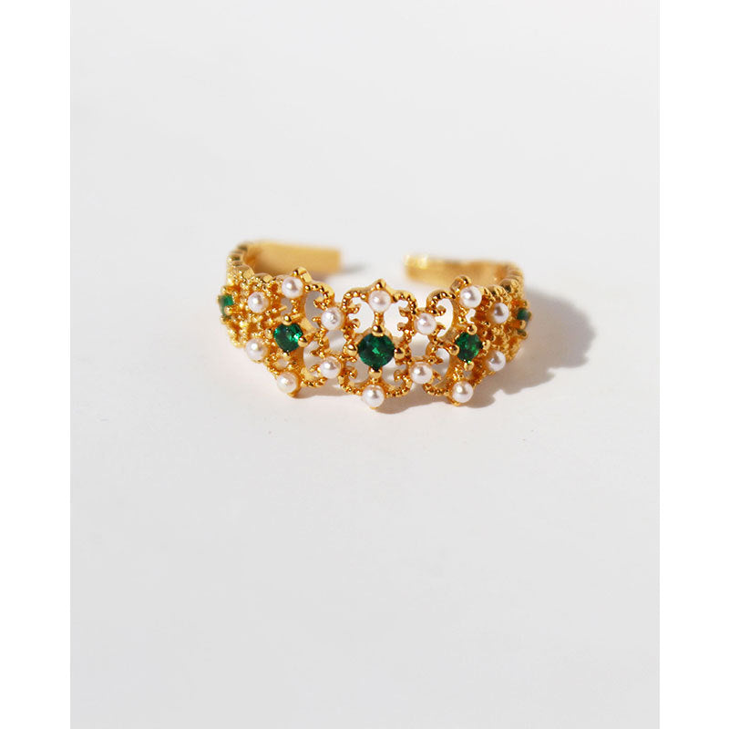 Women's Real Gold Vintage Court Style Carved Lace Emerald Inlaid Pearl Rings