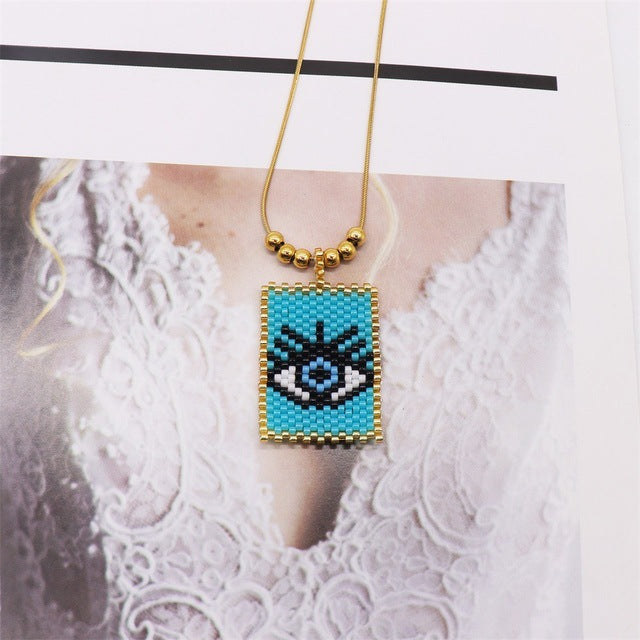 Bohemian Style Gold Rainbow Love Devil's Eye Square Necklaces