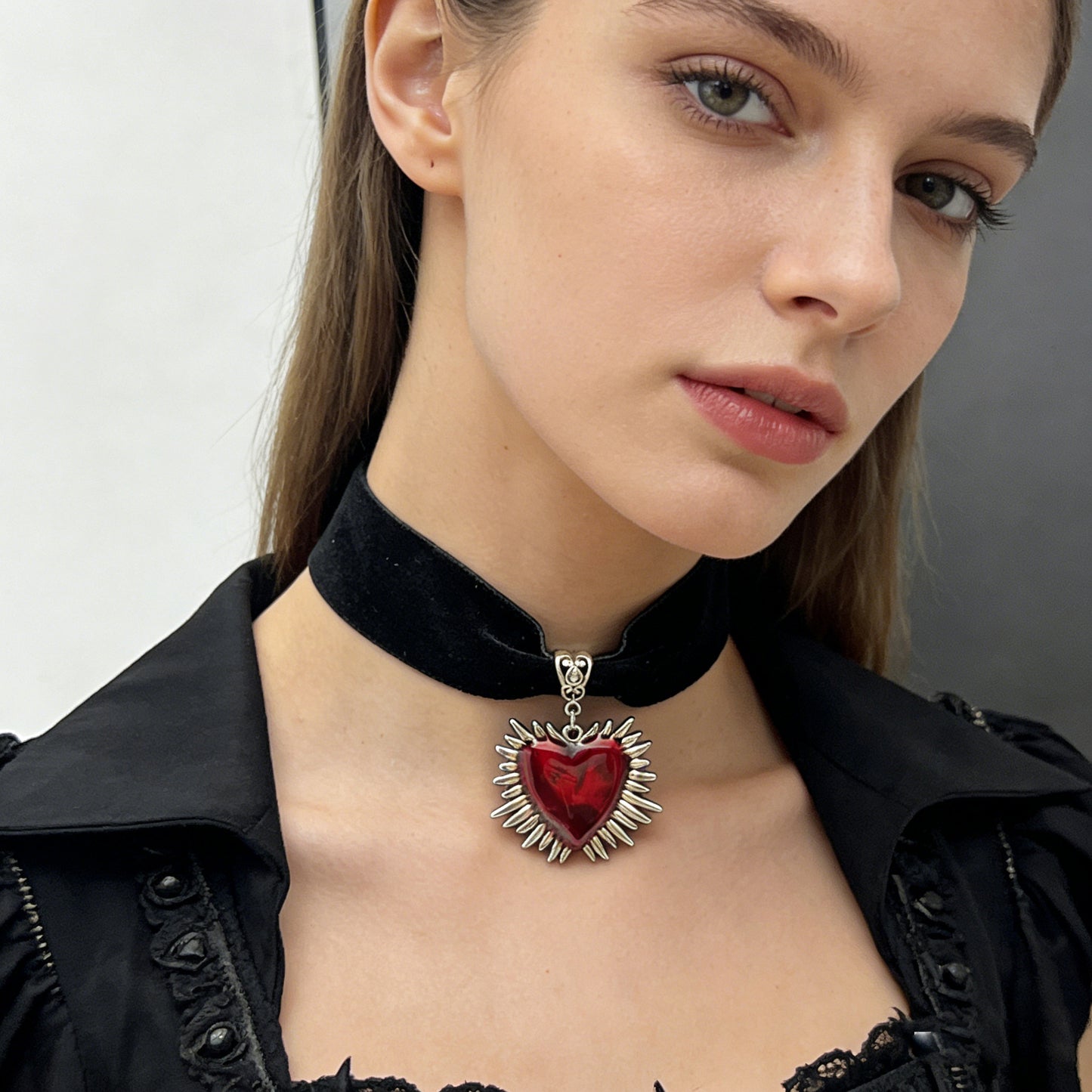 Dark Goth Punk Thorn Red Love Veet Vintage Distressed Style Collar