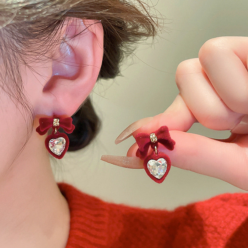 Red Bow Flower Light Luxury Christmas Earrings