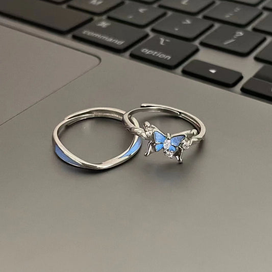 Women's & Men's Fantasy Blue Butterfly Luminous Couple Niche Rings
