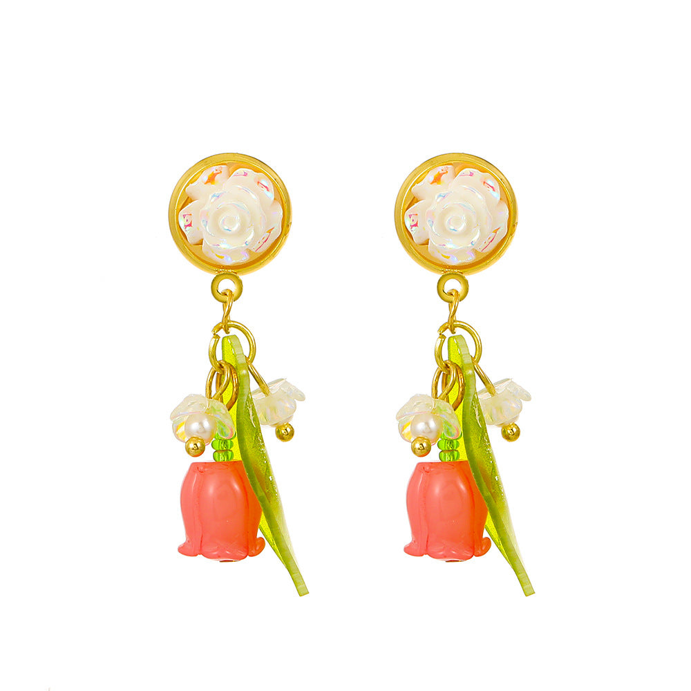Style Fresh Pearl Small Flower Ear Pink Stud Earrings