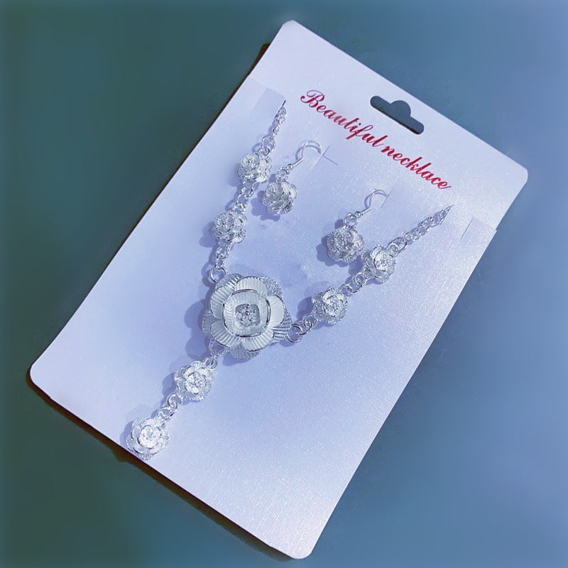 Vintage Sweater Chain Long Rose Flower Brushed Sier Plated Tourist Jewelry Set