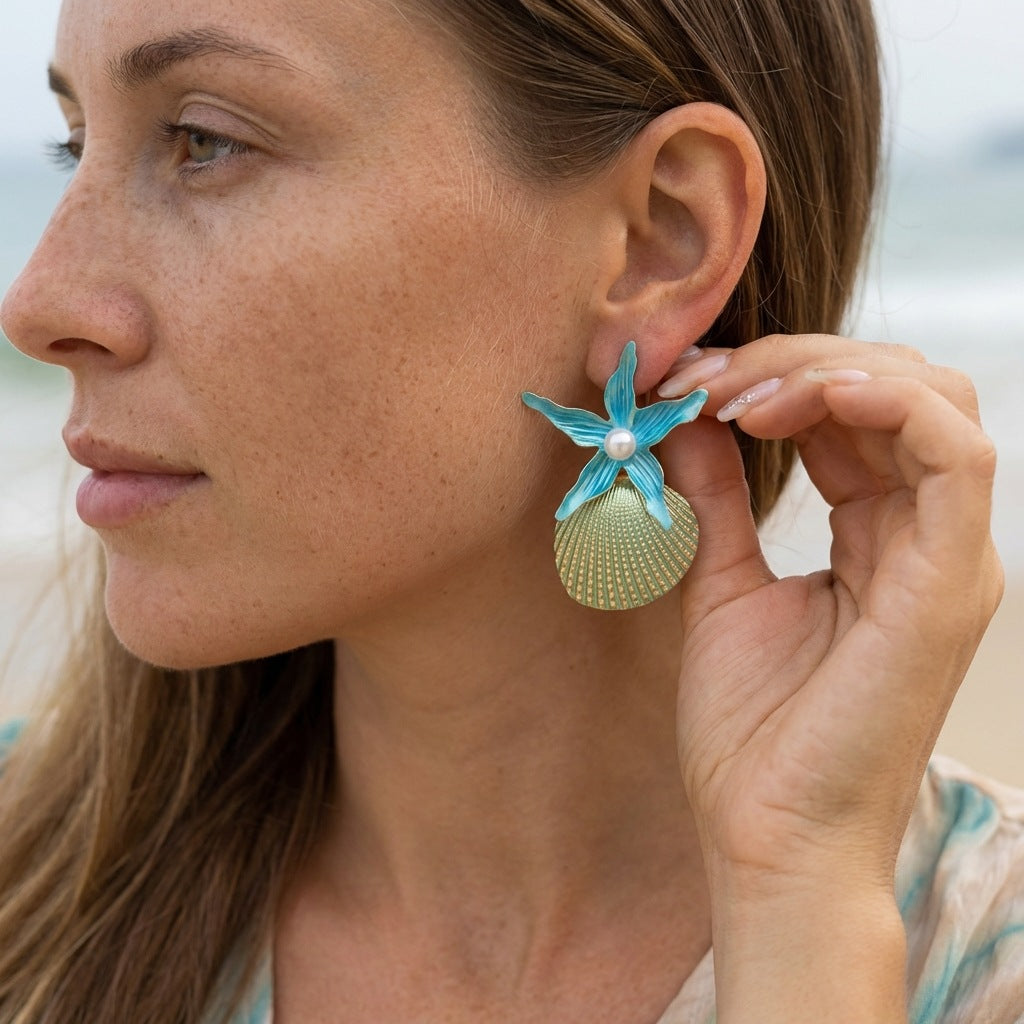 Summer Ocean Style Starfish Shell Niche Design Beach Vacation Earrings