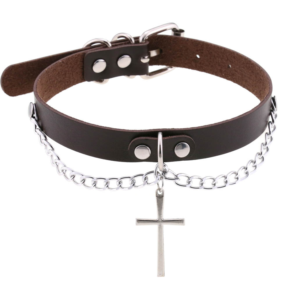 Leather Chain Cross Clavicle Classic Neckband Collar