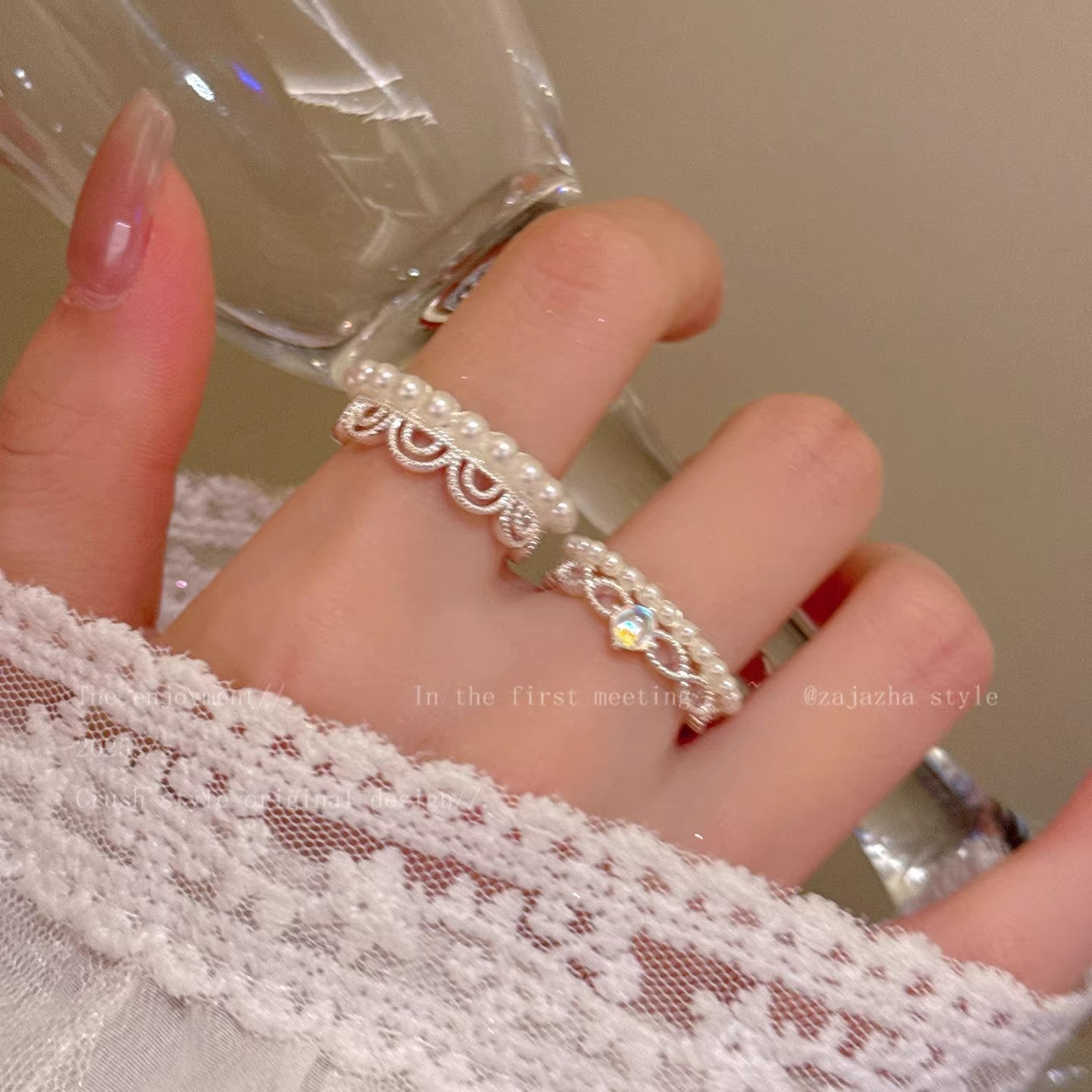 Women's Pearl Lace Open Exquisite Twin Fashion Minority Design Index Ring