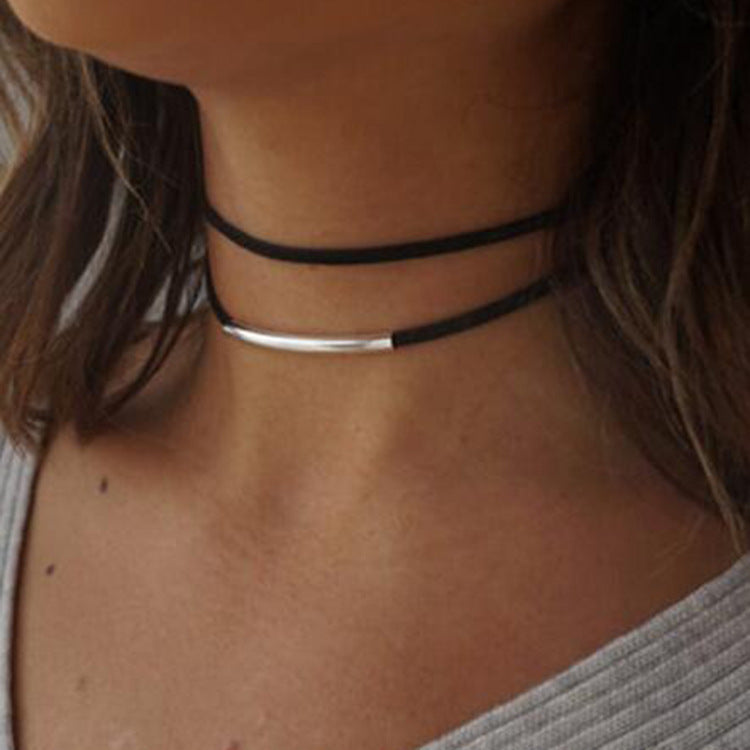 Women's Double Circle Short Metal Tube Gothic Black Necklaces