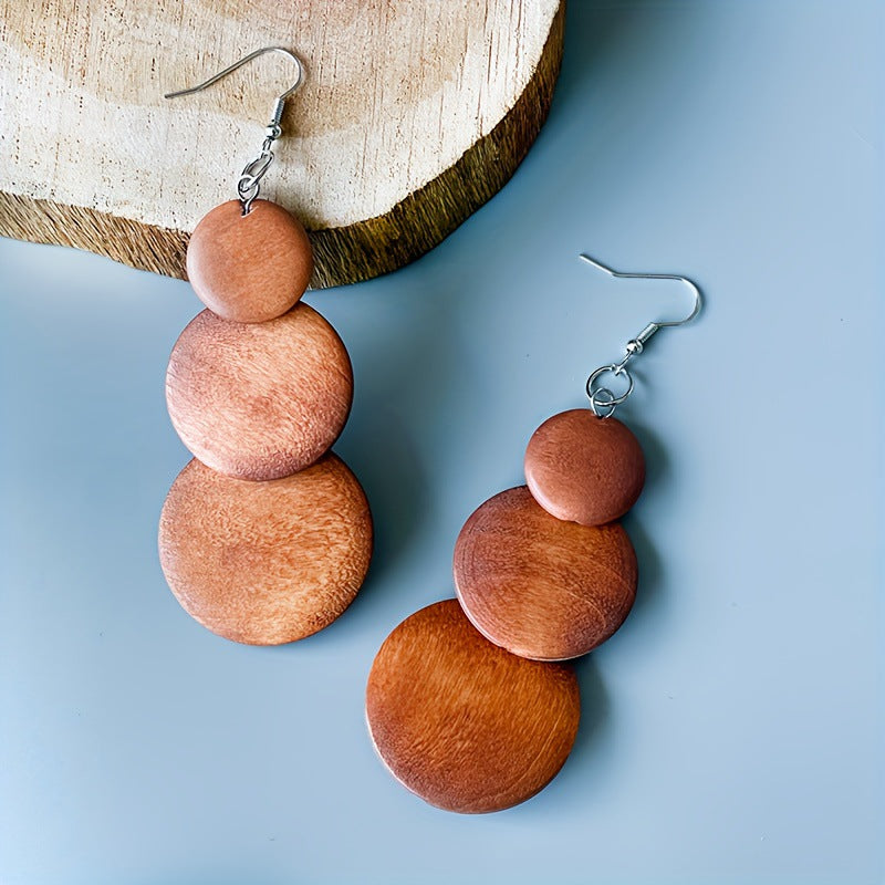 Women's Pairs Solid Wood Geometric Modeling Retro Design Exaggerated Earrings