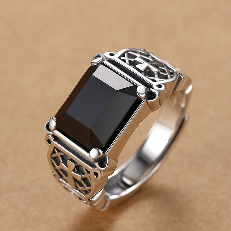 Men's Cross Domineering Personalized Fashion Single Black Stone Rings