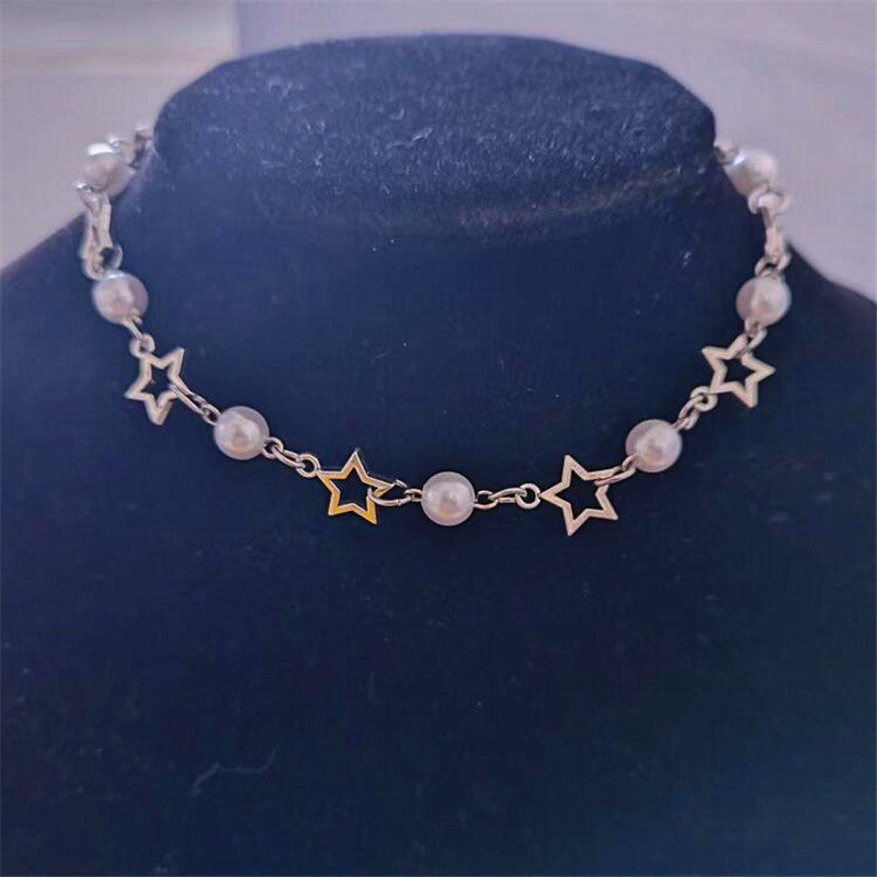 Pop Punk Hollow Pentagram Imitation Pearl Necklace
