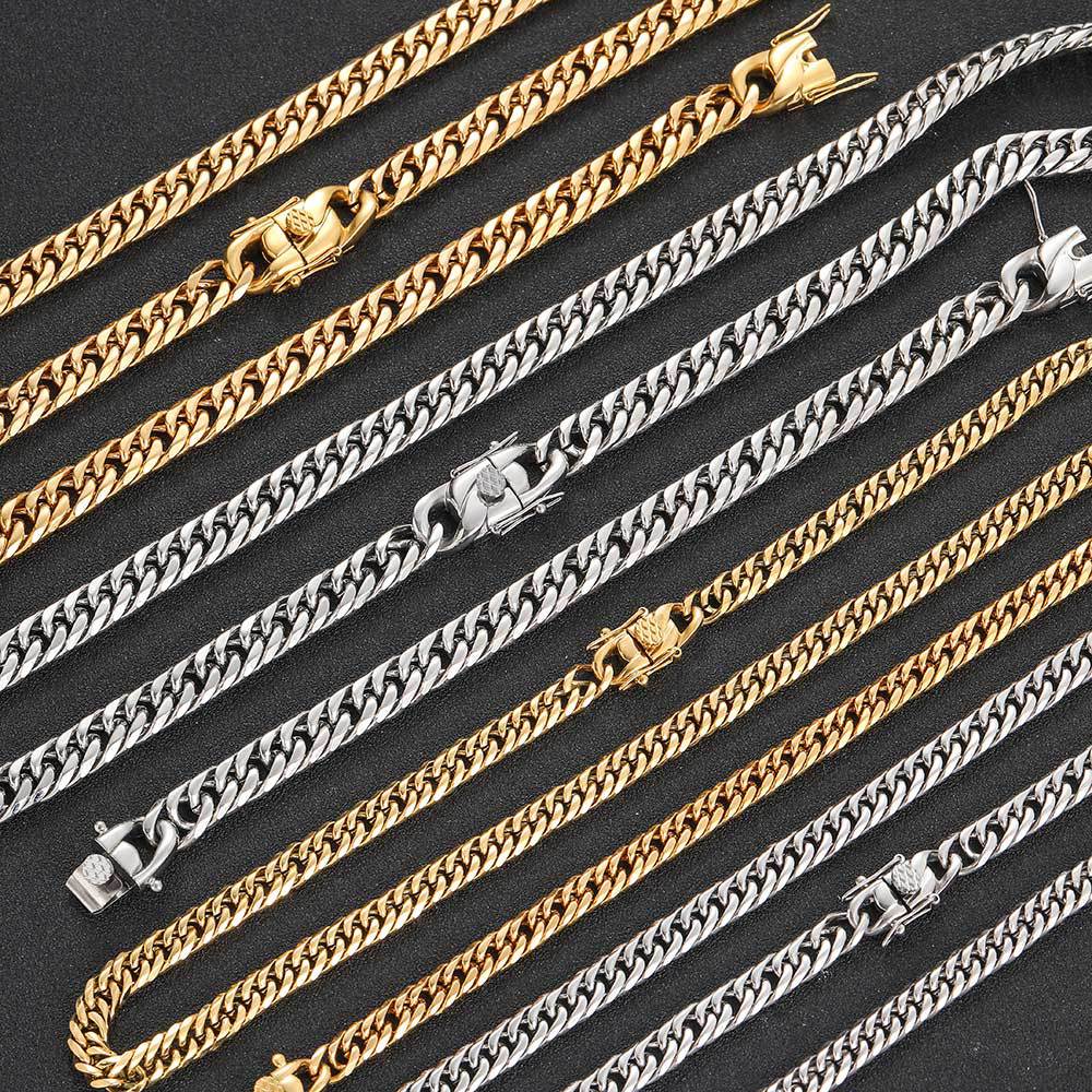 Dragon Head Buckle Stainless Steel Double Woven Cuban Real Gold Jewelry Set