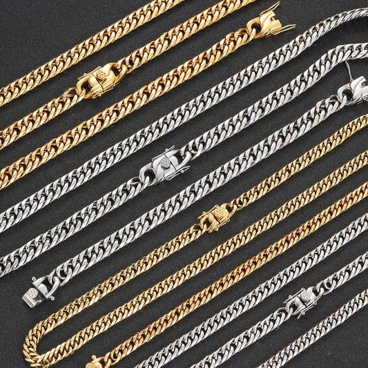 Dragon Head Buckle Stainless Steel Double Woven Cuban Real Gold Jewelry Set