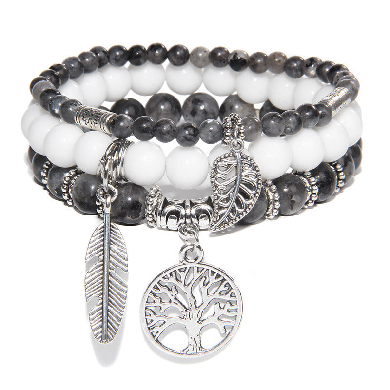 Women's Stone Bead Three-piece Tree Of Life Feather Vintage Bracelets