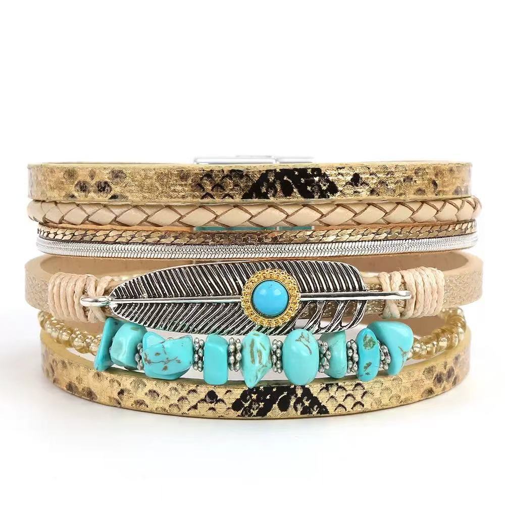 Women's Bohemian Style Gravel Feather Leather For Bracelet