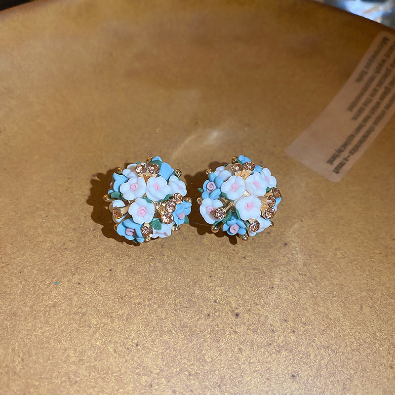 Women's Fresh Blue Fabric Flower Tassel Seaside Vacation Style Light Stud Earrings