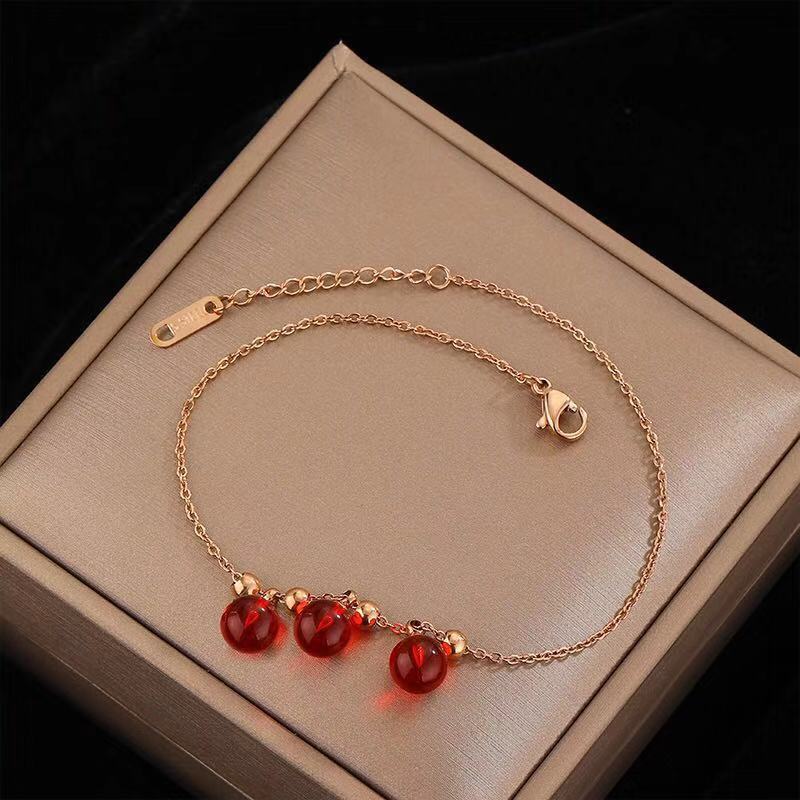 Women's Steel Rose Gold Three Red Beads Simple Bracelet