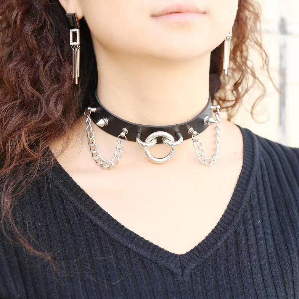 New Punk Leather Rivet Chain Clavicle Rings