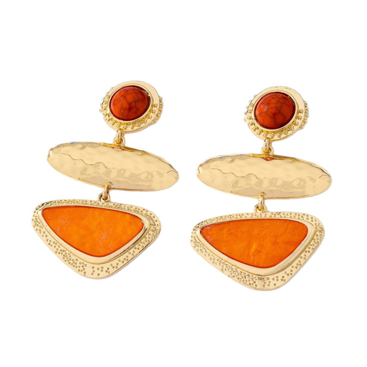 Style Geometric Hammered Metal Orange Stone Long Niche Earrings