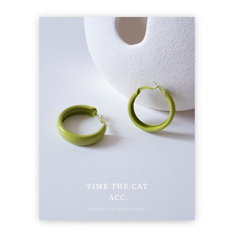 Sier Needle Style Avocado Green Graceful Geometric Big Circle Daily Stud Earrings