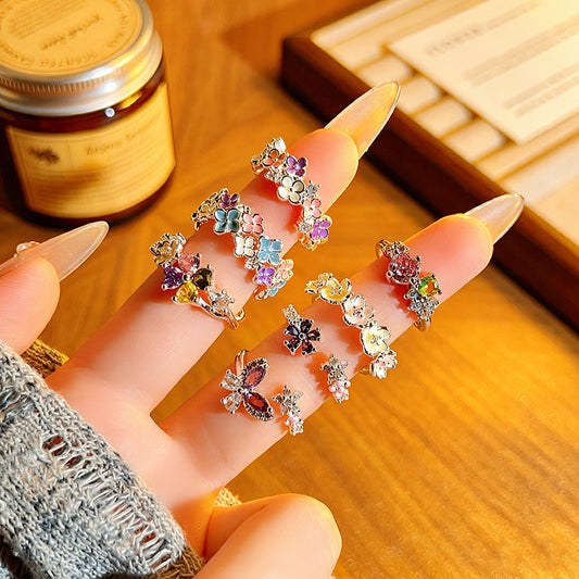 Matching Colored Gems Enamel Dopamine Flower Sweet Zircon Gentle White Rings