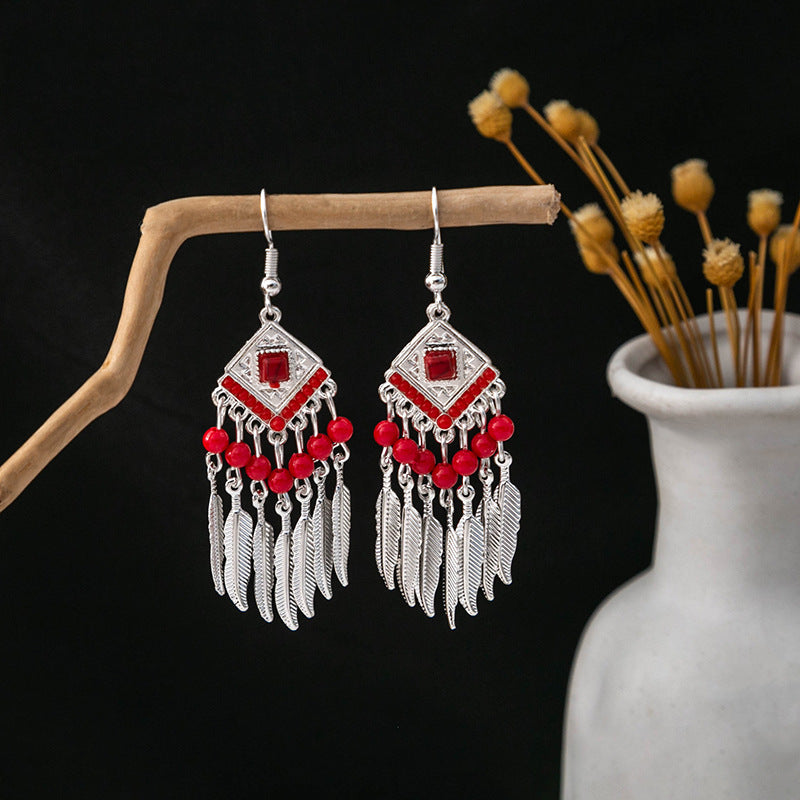 Miao Sier Colorful Long Feather Tassel Rings