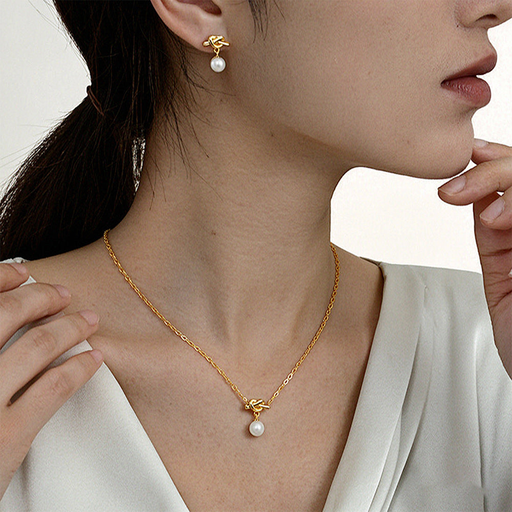 Stainless Steel Knotted Pearl Simple Fashion Unique Design Jewelry Set