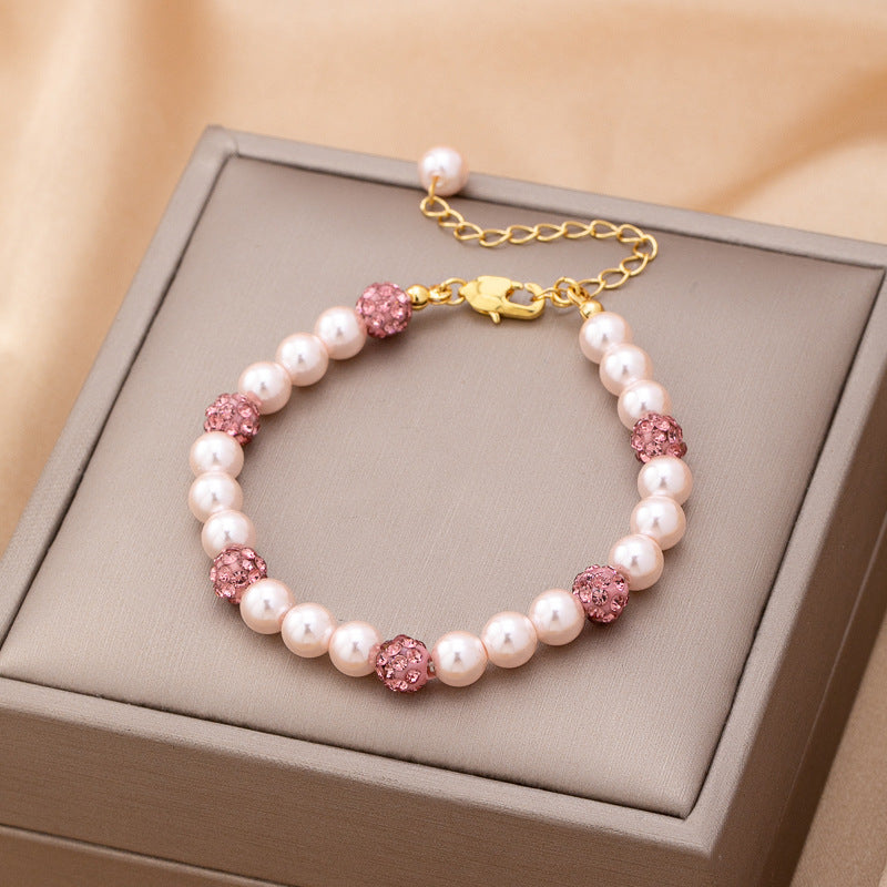 Women's Pink Pearl Imitation Diamond Beaded Light Luxury Versatile Niche Bracelet