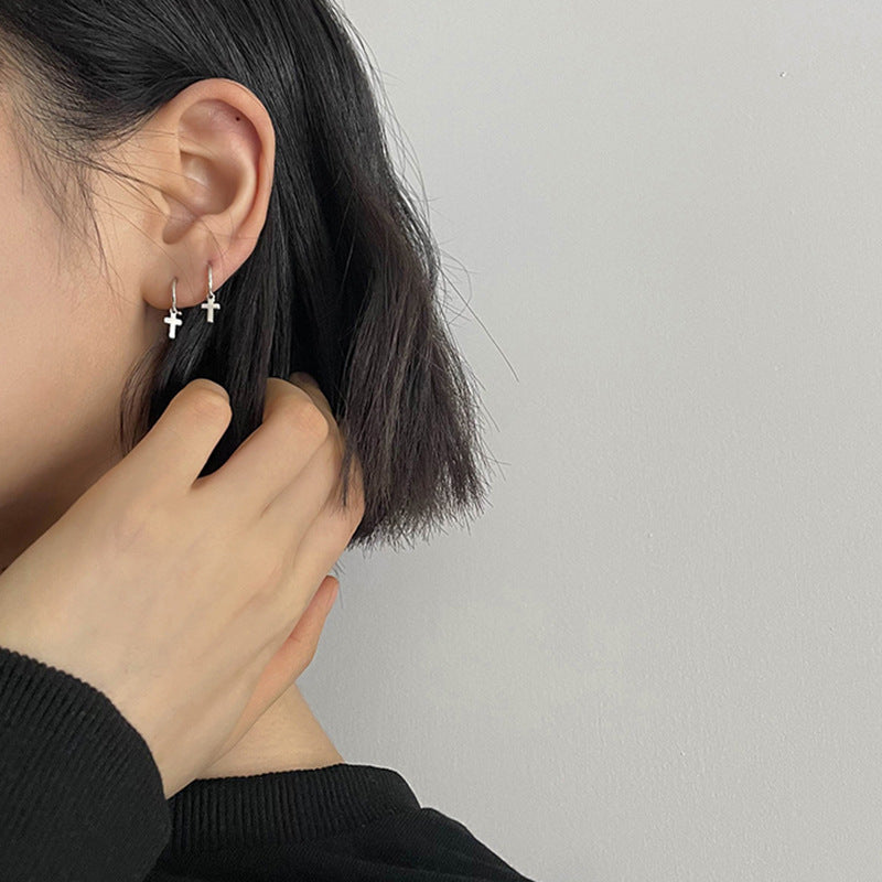 Sier Needle Pentagram Simple Temperamental Cross Ear Earrings