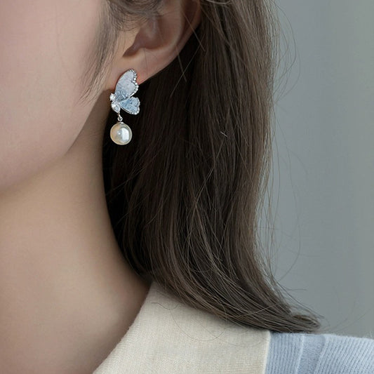 Women's Crystal Blue Butterfly Pearl For Niche Design Earrings