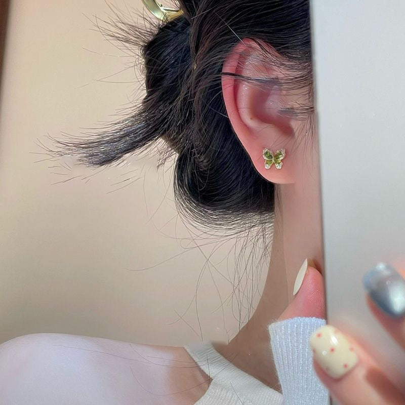 Temperament Entry Lux Full Diamond Green Crystal Butterfly Light Luxury Earrings