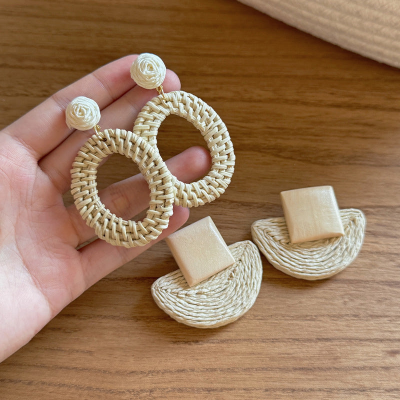 Style Sier Needle Resin Rattan Beads Round Fashion Earrings