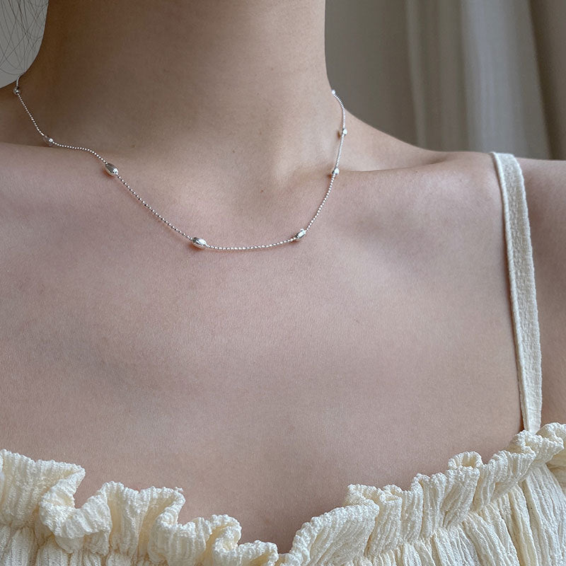 Sier Rice Grain Round Beads White Ladies Clavicle Chain Necklace