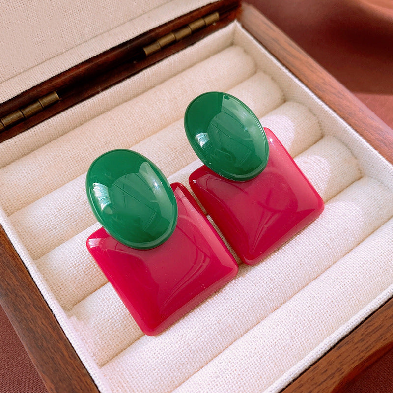 Women's Sier Needle Red Geometric Ear Korean Earrings