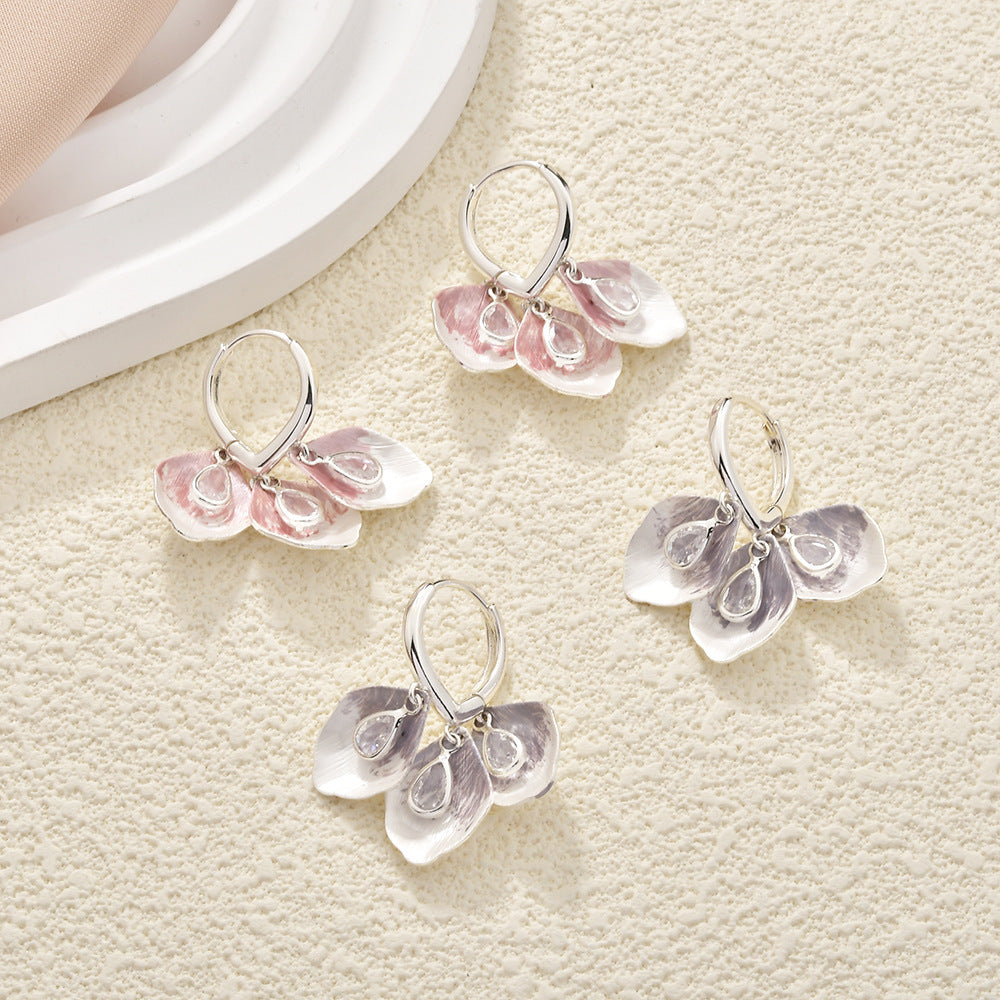 Petal Fringe Zircon Ear Fresh Sweet Mori Fairy Style Earrings
