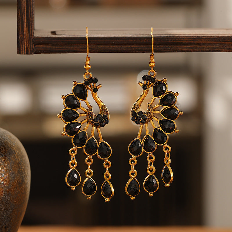 Retro Peacock Ethnic Style Hollow Personalized Dark Green Diamond Metal Earrings