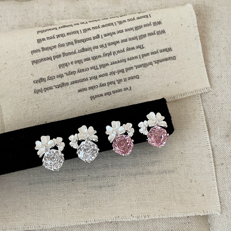 Women's Simple High-grade White Drop Oil Three-dimensional Petals Zircon Light Luxury Earrings
