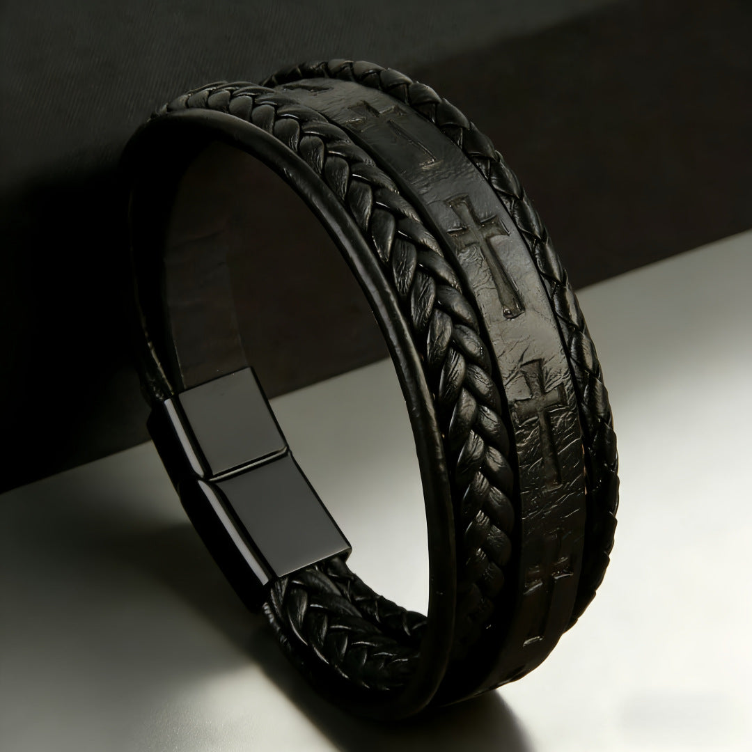 Men's Woven Leather Cross Magnetic Snap Trendy Cool Bracelets