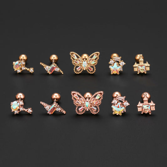 Stainless Steel Piercing Ear Zircon Animal Butterfly Screw Twist Earrings